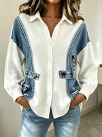 Casual Chic 3d Faux-denim Printed Ribbed Knit Top