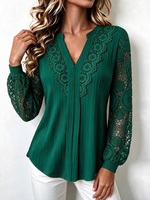 Women's solid color V-neck lace blouse
