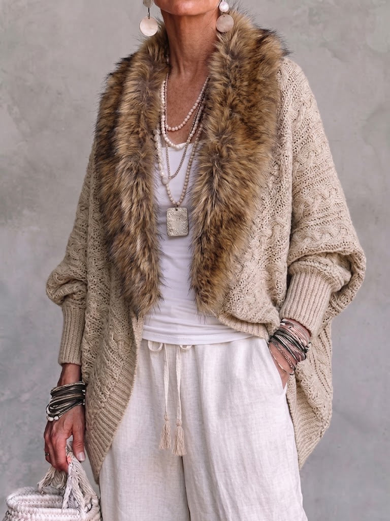 Loose-fit Knitted Batwing-sleeve Cardigan With A Fur Collar