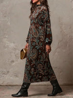 Vintage-style Paisley Floral Velvet Long-sleeve Dress With A High Neck