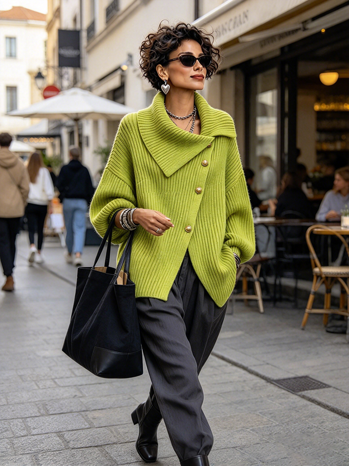 Chic Asymmetrical Button Turtleneck Sweater