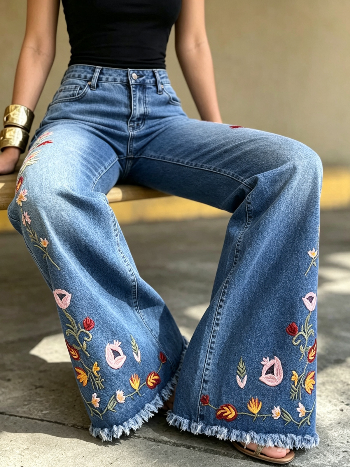 Boho Floral Embroidered Stretch Flare Jeans