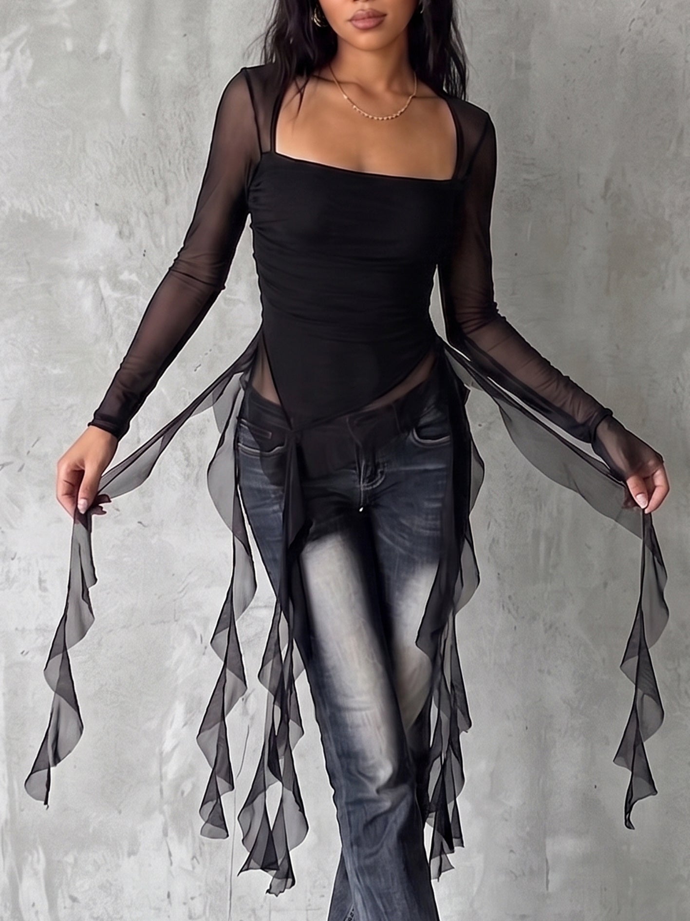 Cozy Stretch Mesh Ribbon Top