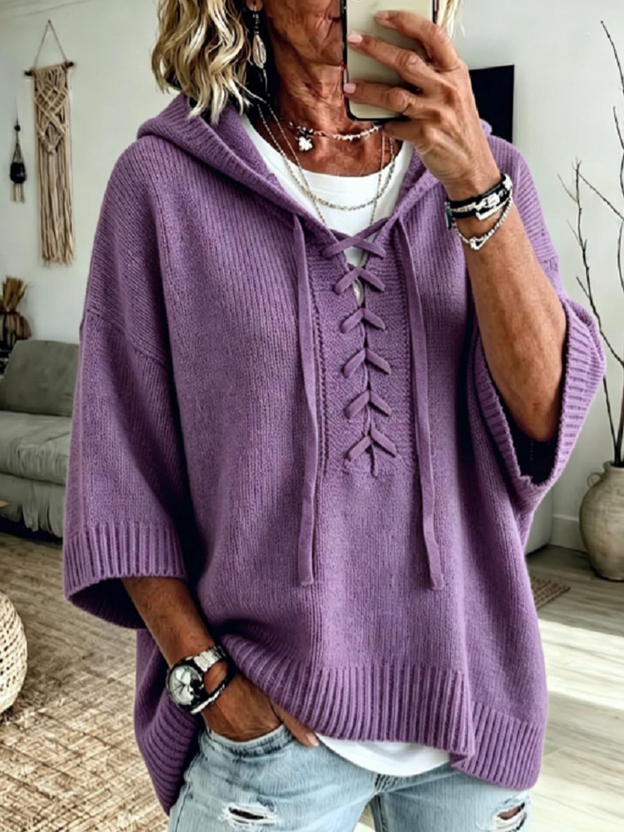 Women's Solid Color V-neck Long-sleeve Casual Loose Hooded Knit Pullover