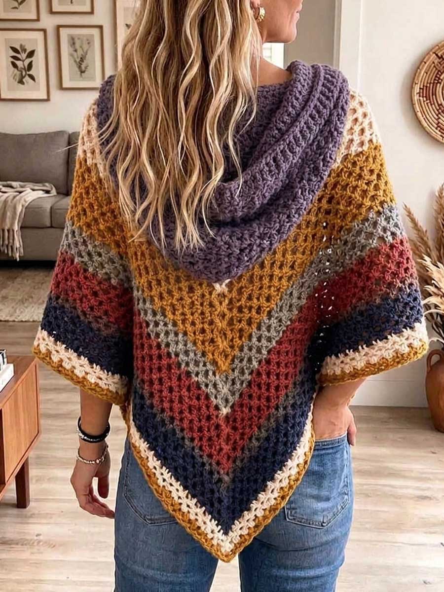 Bohemian Striped Open-work Crochet V-neck Poncho