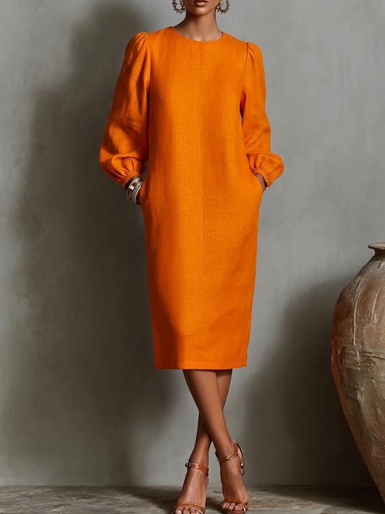 Minimalist Orange Linen-cotton Blend Long-sleeve Dress