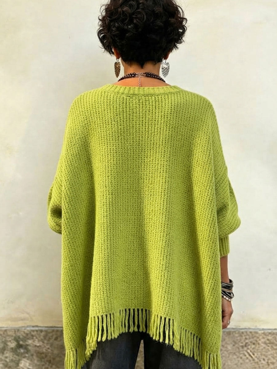 Cozy Lime Green Fringe Knit Oversized Long Sweater
