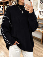 Oversized Black Chunky Knit Sweater with Contrast Stitching