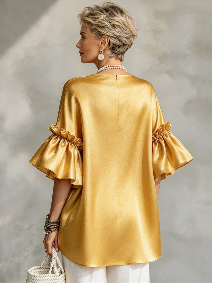 Chic Luxurious Golden Satin Ruffled Flared Sleeve Top