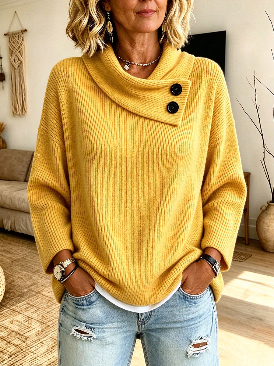 Chic Oversized Button-accented Cowl Neck Knit Sweater