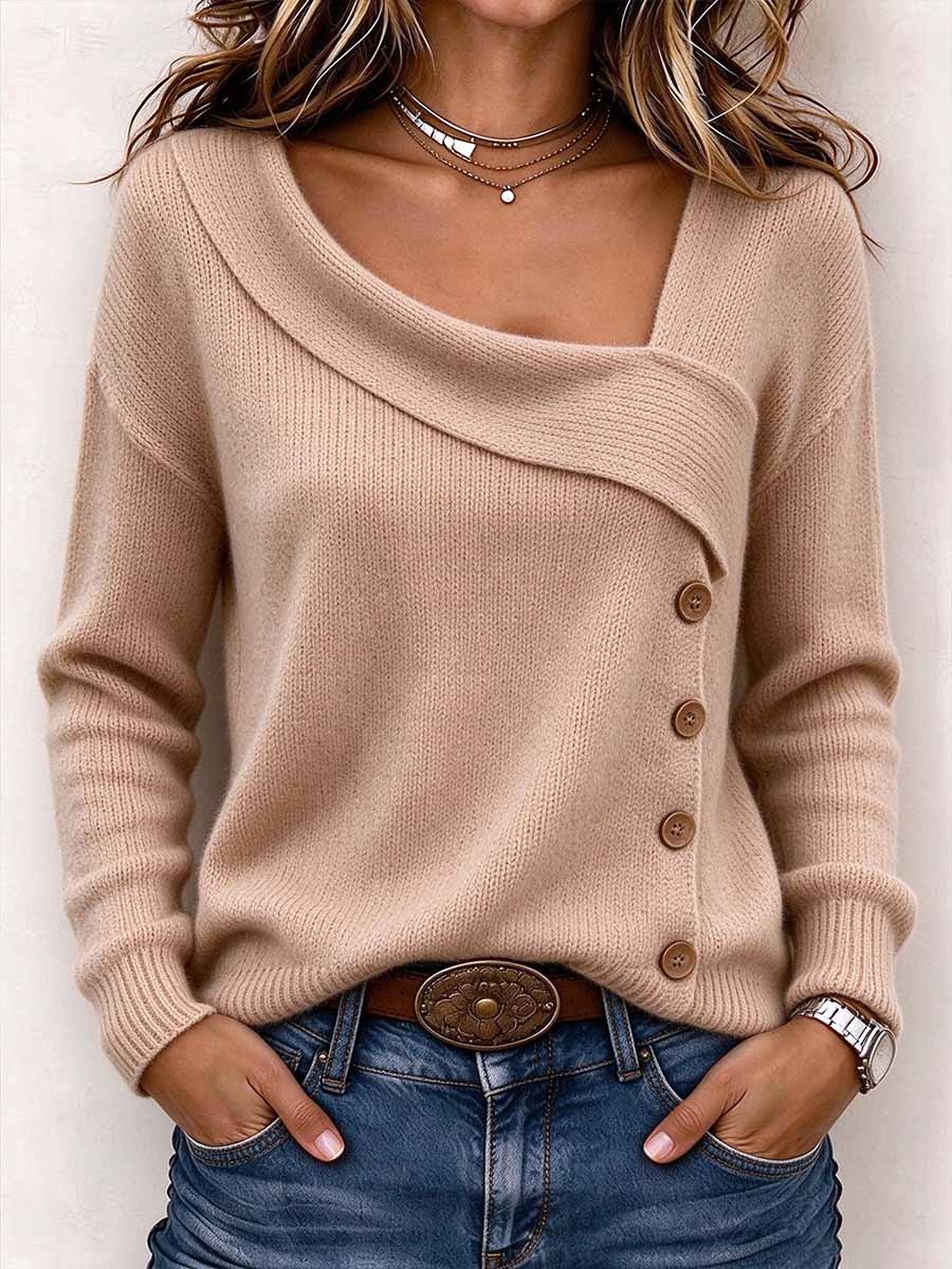 Women's Asymmetrical Fold-over Collar Knit Sweater With Button Details