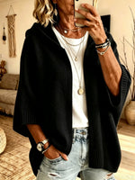 Women's Solid-Color V-Neck 3/4 Sleeve Loose-Fit Hooded Knit Cardigan