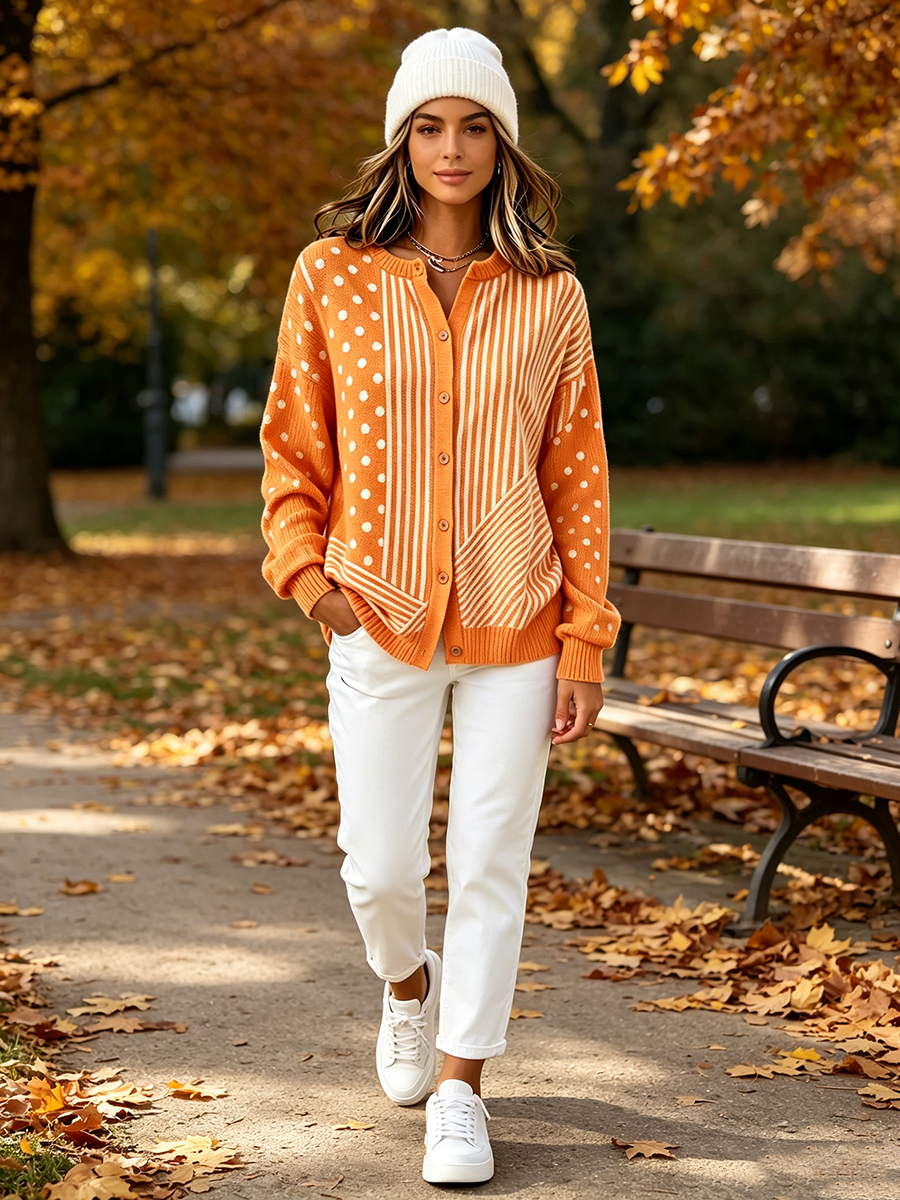 Chic Reversible Orange And White Cardigan