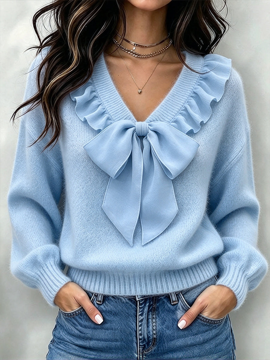 Chic Chiffon Ruffled Bow-tie Knit Top