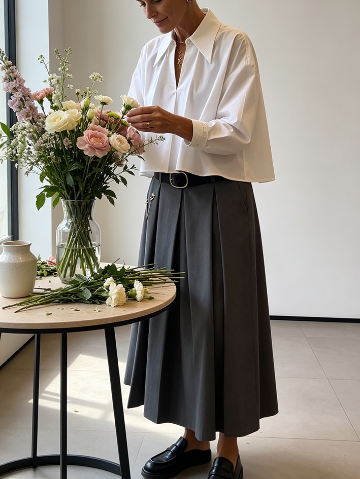 Elegant Pleated White Shirt And Grey Skirt Set