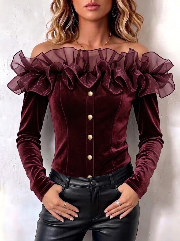 Tulle Ruffle Off‑shoulder Velvet Fitted Long‑sleeve Top