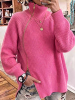 Women's Solid-Color High-Neck Long-Sleeve Loose-Fit Knit Top with Toggle Zipper