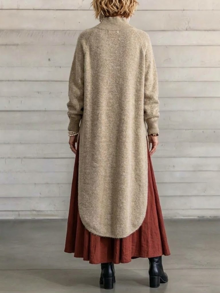 Long-length Knitted Pullover With A Mock Neck And Curved Hem
