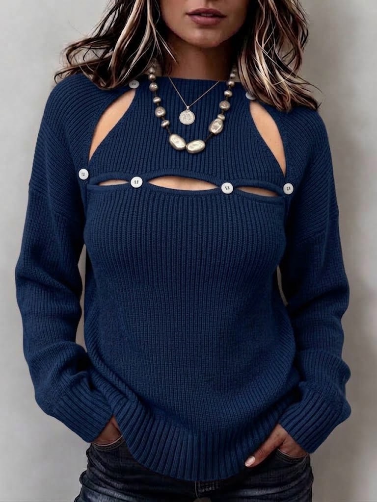 Knit Sweater With Distinctive Cut-out Button Detailing