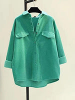 Casual Loose-fit Green Corduroy Shirt