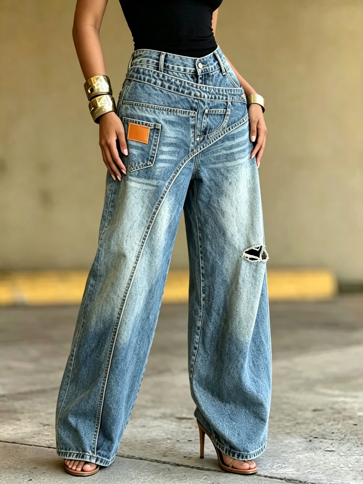 Trendy Street Style Wrap-around Wide-leg Jeans