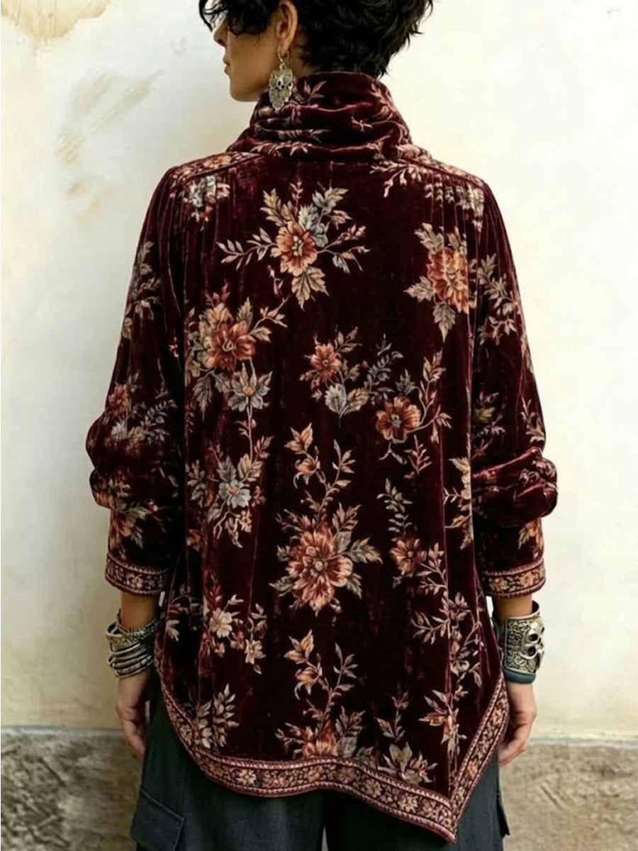 Vintage-inspired Floral-print Velvet Top With A High, Gathered Neckline And An Asymmetrical Hem