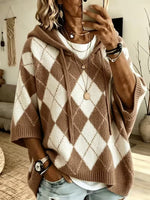 Checked-print Casual Hooded Knit Drawstring Sweatshirt