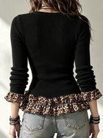 Bohemian Leopard-print Ribbed Knit Cardigan With Ruffle Trim