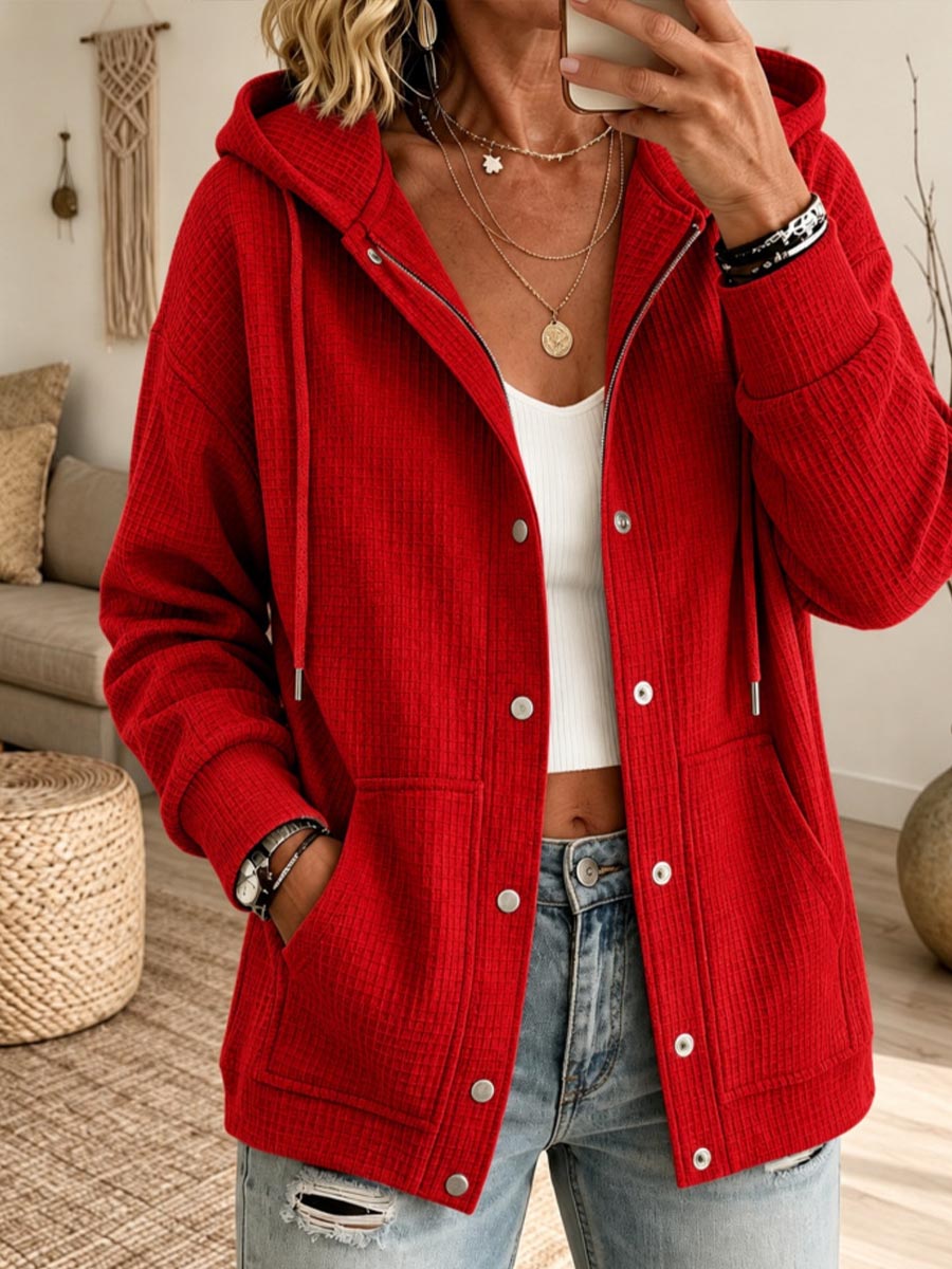 Women's Red Waffle Knit Button-Down Hoodie