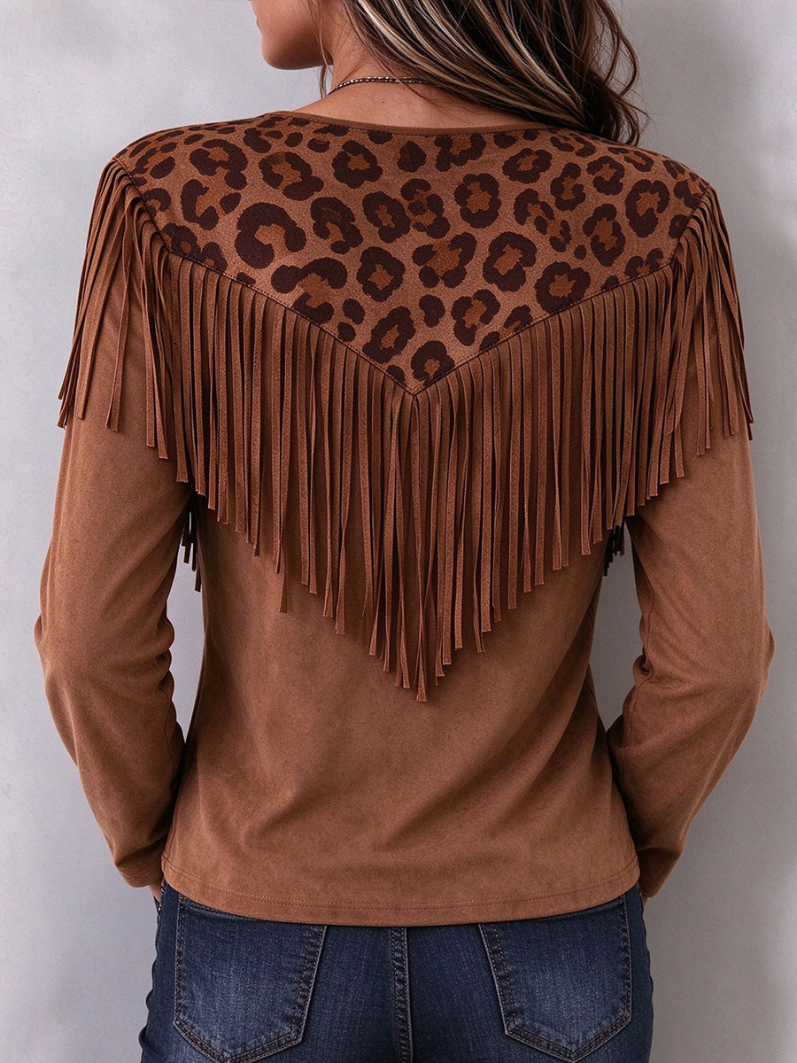 Chic Western-style Leopard Print Faux-suede Top With Fringe