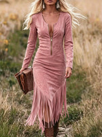 Women's Western Faux Suede Fringe V-Neck Zip-Up Long Sleeve Midi Dress