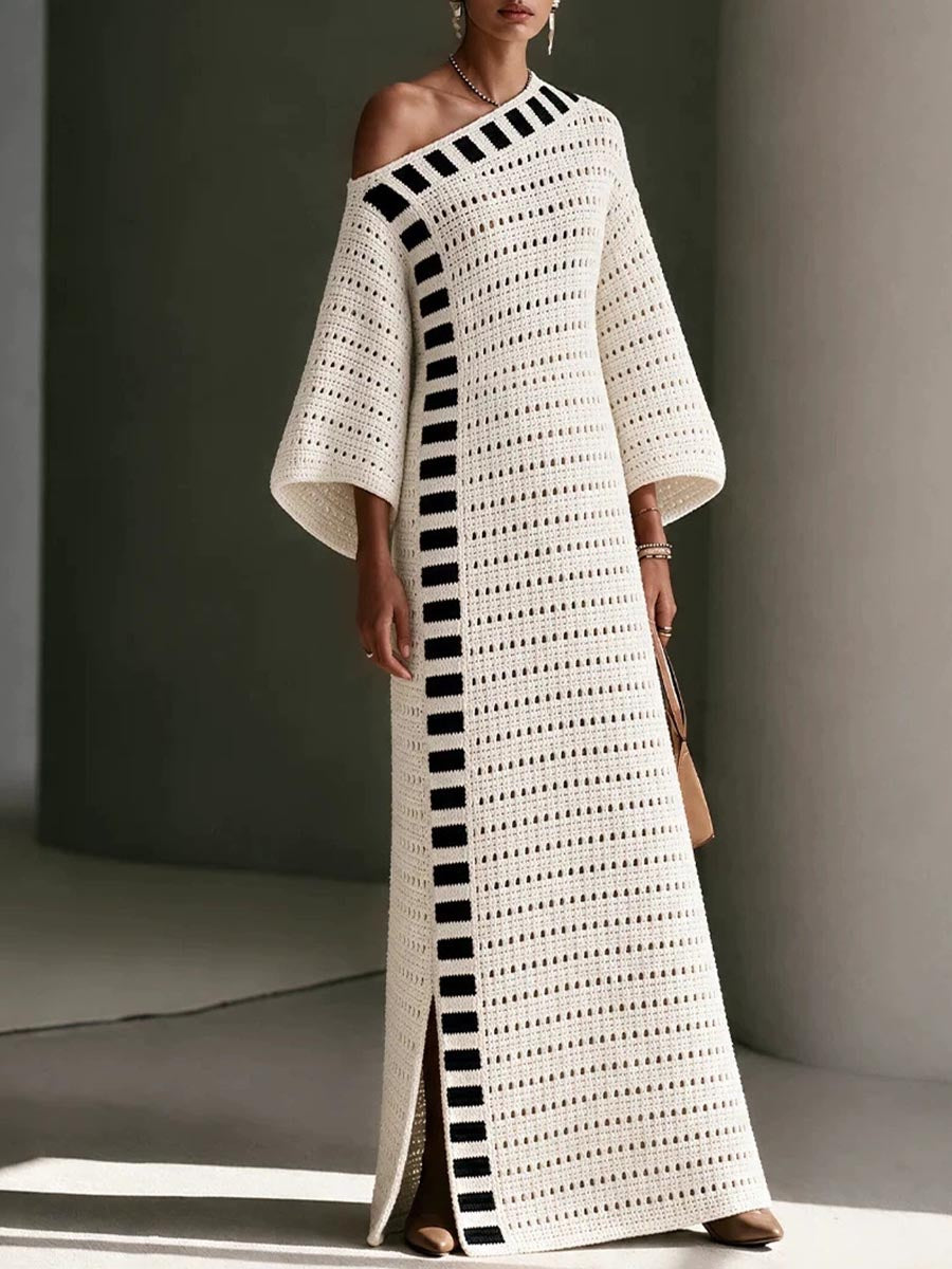 One-Shoulder Color-Block Crochet Knit Maxi Dress
