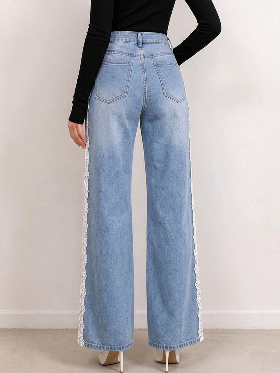 Women's High Waisted Wide Leg Jeans with Lace Side Panels