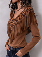 Chic Western-style Leopard Print Faux-suede Top With Fringe
