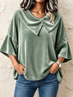 Oversized-collar Velvet Top With Loose, Flared Mid-length Sleeves