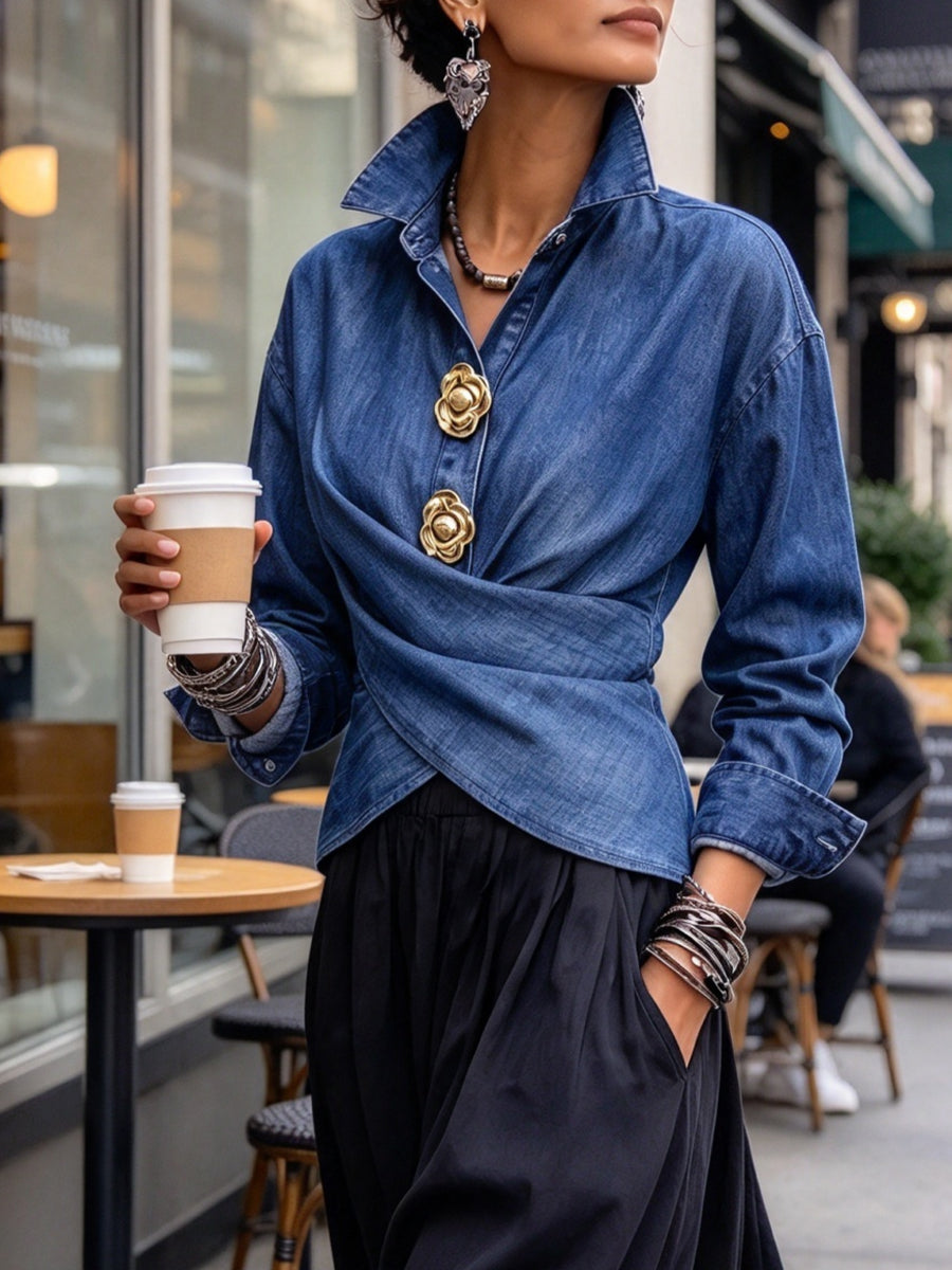Chic Wrap-Front Denim Shirt with Gold Floral Buttons