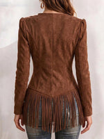 Faux Suede Square Neck Fringe Hem Button-Up Top