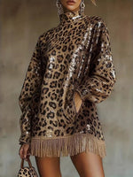 Chic Leopard-print Sequin Fringe Mini Dress