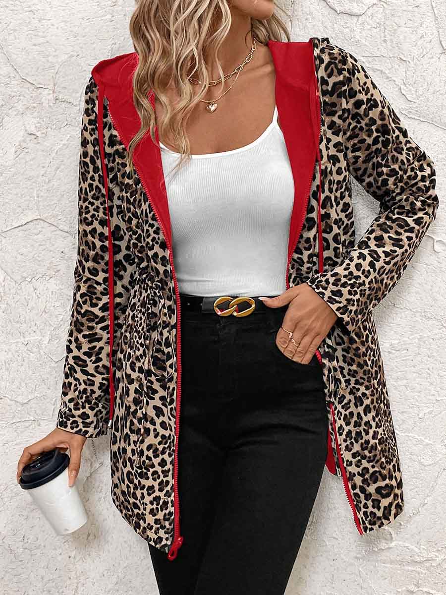 Women's Leopard Print Long-sleeve Casual Loose Reversible Drawstring Jacket