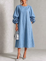 Curated Designer –Chic Chambray Denim 3D Rosette Sleeve Midi Dress