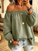 Women's Solid Color Off-shoulder Long-sleeved Casual Loose Cotton And Linen Top