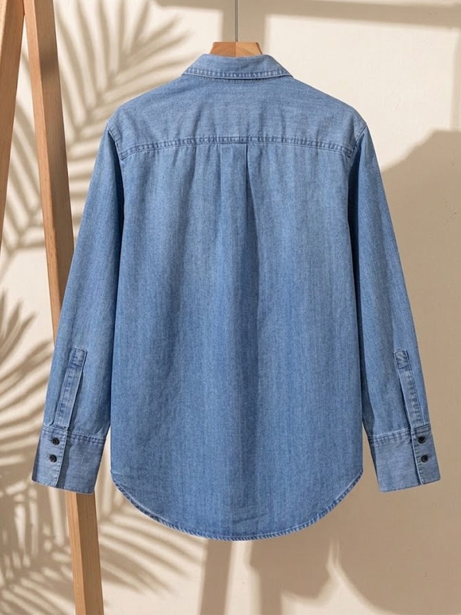 Washed Denim‑look Front Multi‑ruffle Long‑sleeve Blouse