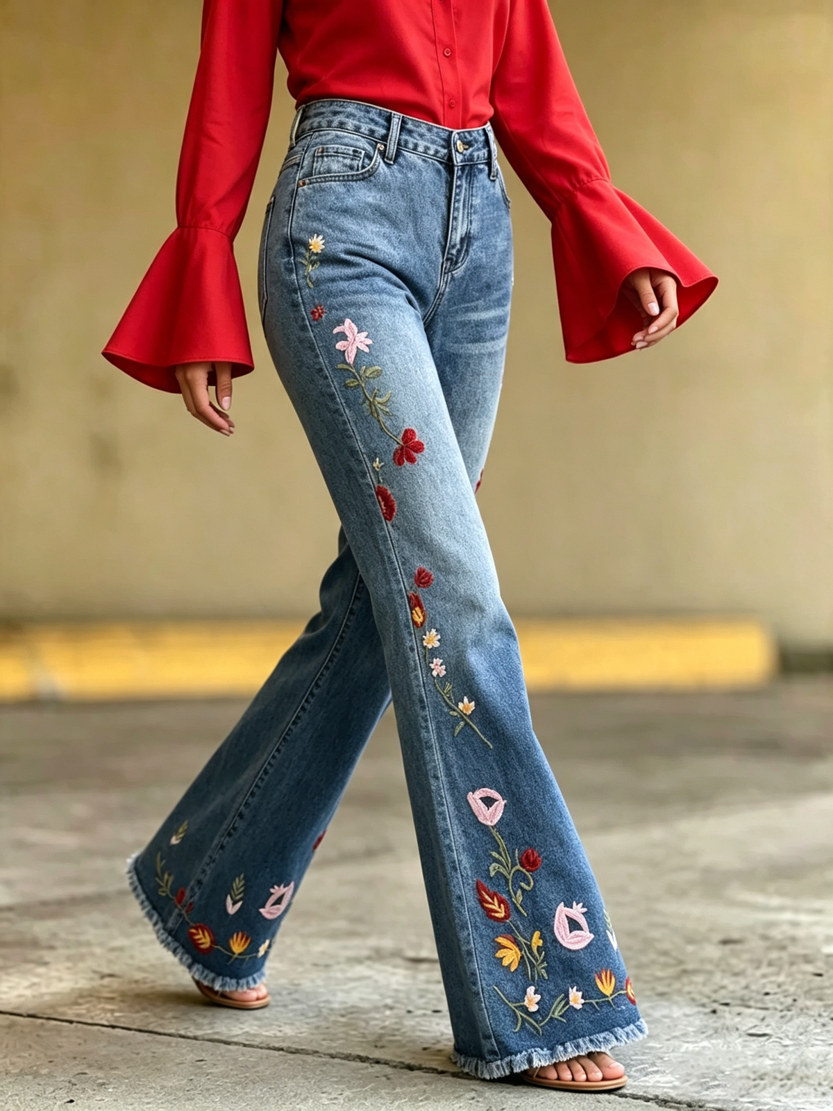 Boho Floral Embroidered Stretch Flare Jeans