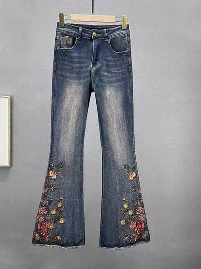 Casual Floral Embroidery Flared Jeans