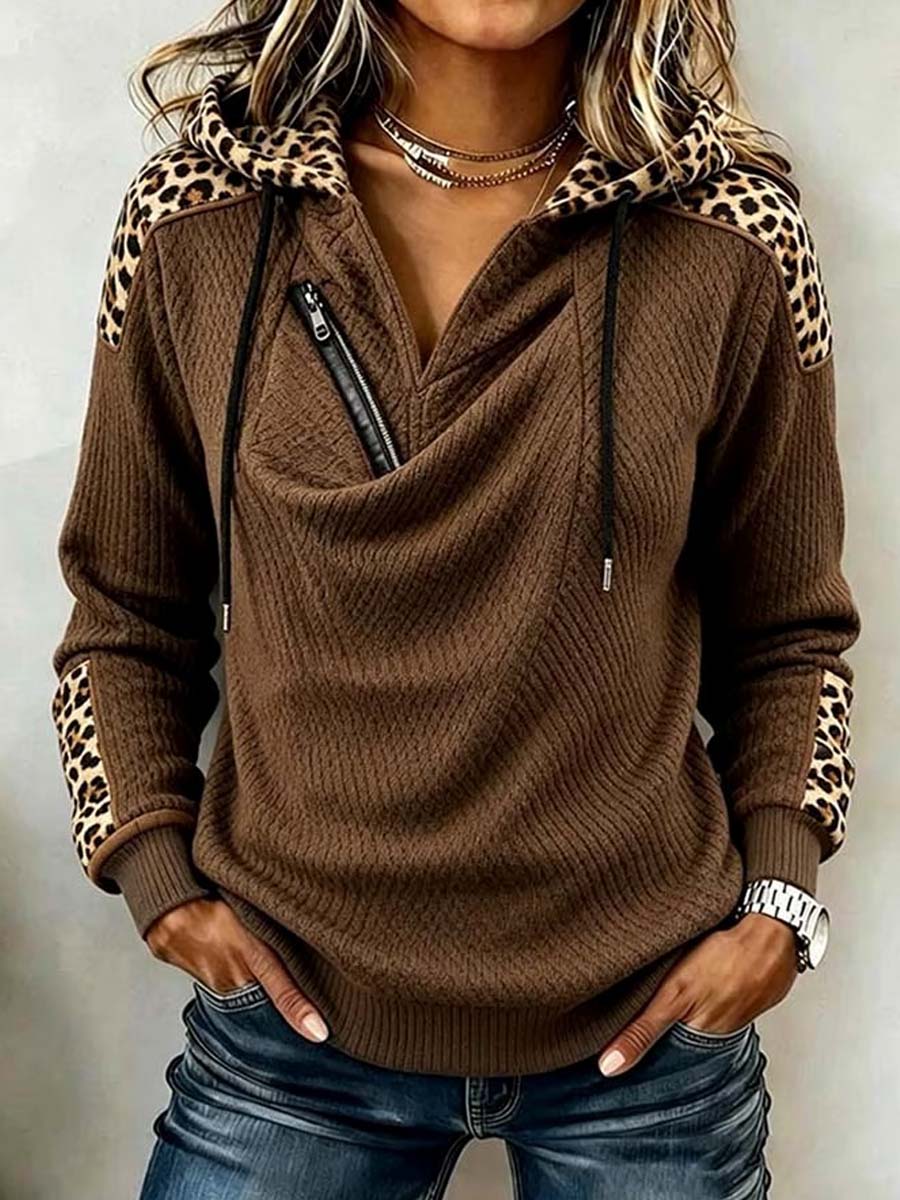 Women's Asymmetrical Zip Leopard Accent Pullover Sweater
