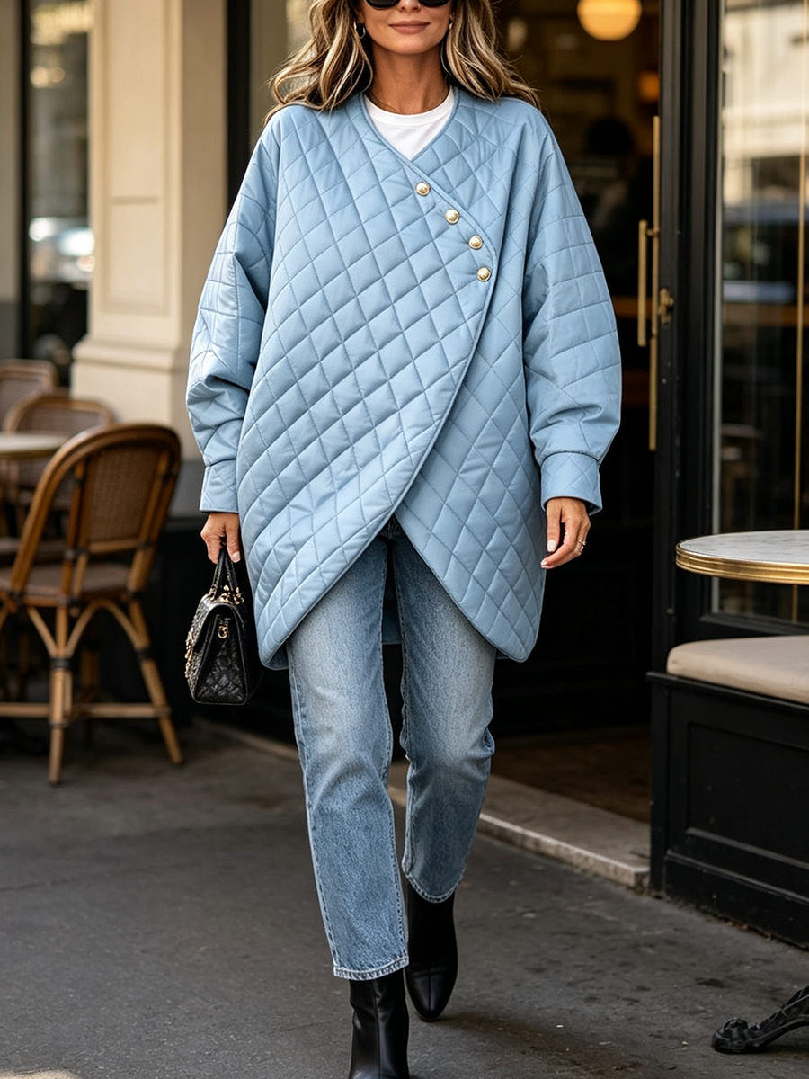 Relaxed Elegant Diamond Quilted Asymmetric Oversized Jacket
