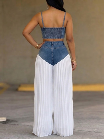 Fashionable Casual Zip-up Denim Camisole Top And Patchwork White Pleated Chiffon Jeans Two-piece Set