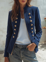 Casual Navy Corduroy Jacket With A Stand-up Collar