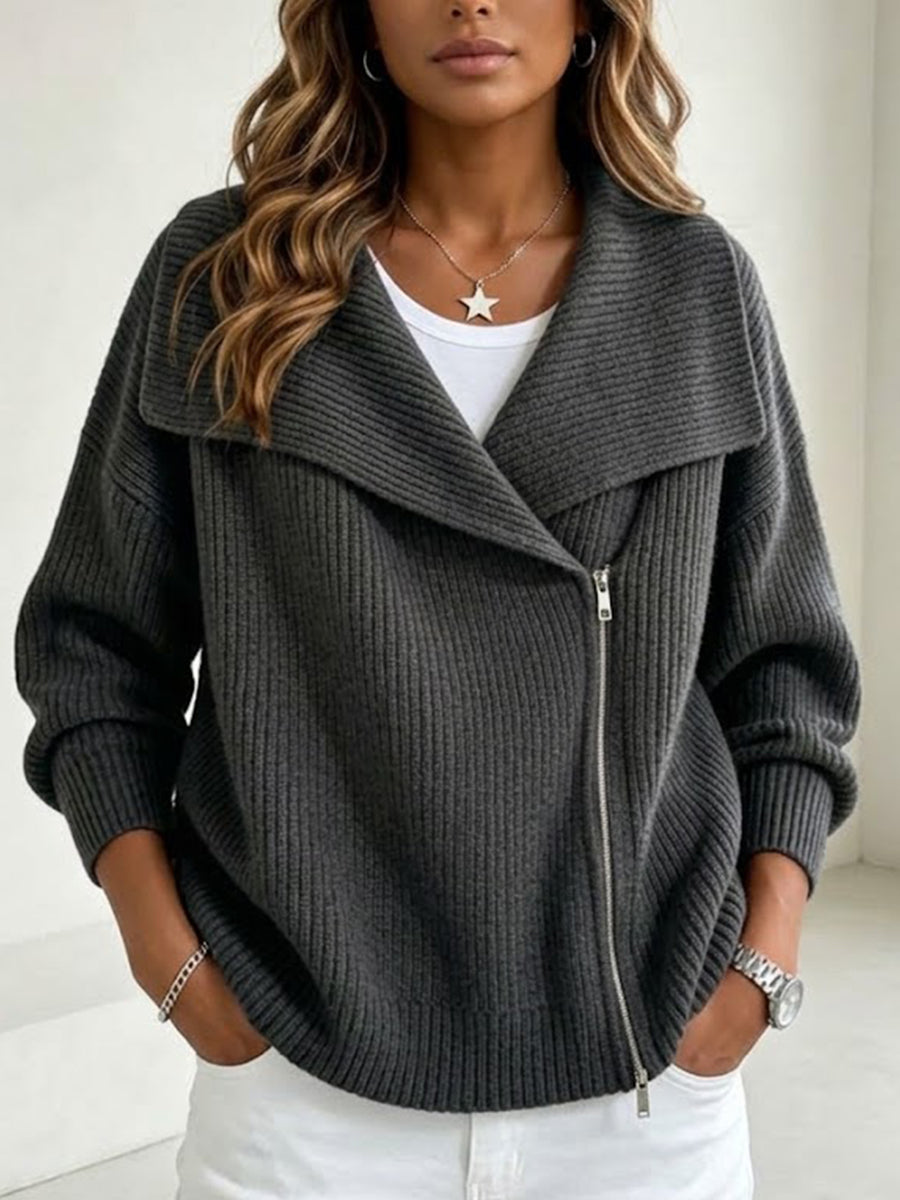 Collared Knit Jacket With Double Zippers
