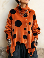 Stylish Asymmetrical Buttons Polka Dot Velvet Top